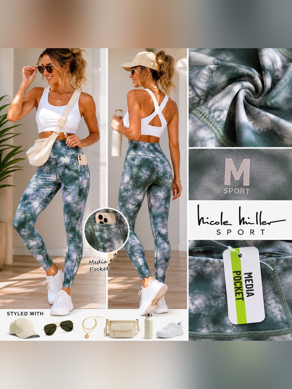 NEW Nicole Miller Sport Green Tie-Dye High-Waist Leggings